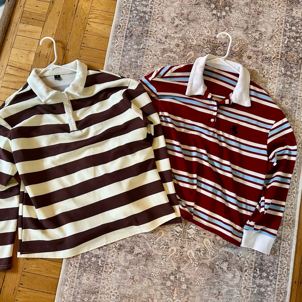 2 oversized classic polos - brown& off white, burgundy blue & white